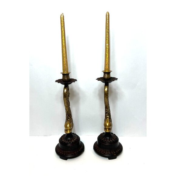 Vintage Brass Koi Dolphin Candlestick Holders Ornate Patina Base Leaf Design - Picture 2 of 7